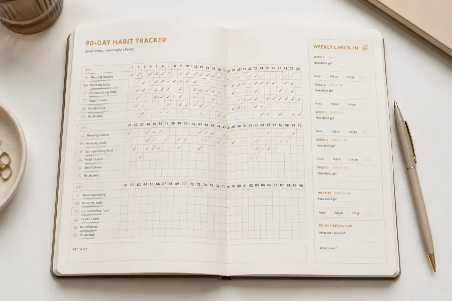 The 90-day schedule and the weekly check-in — the half that keeps the routine alive past day fourteen.